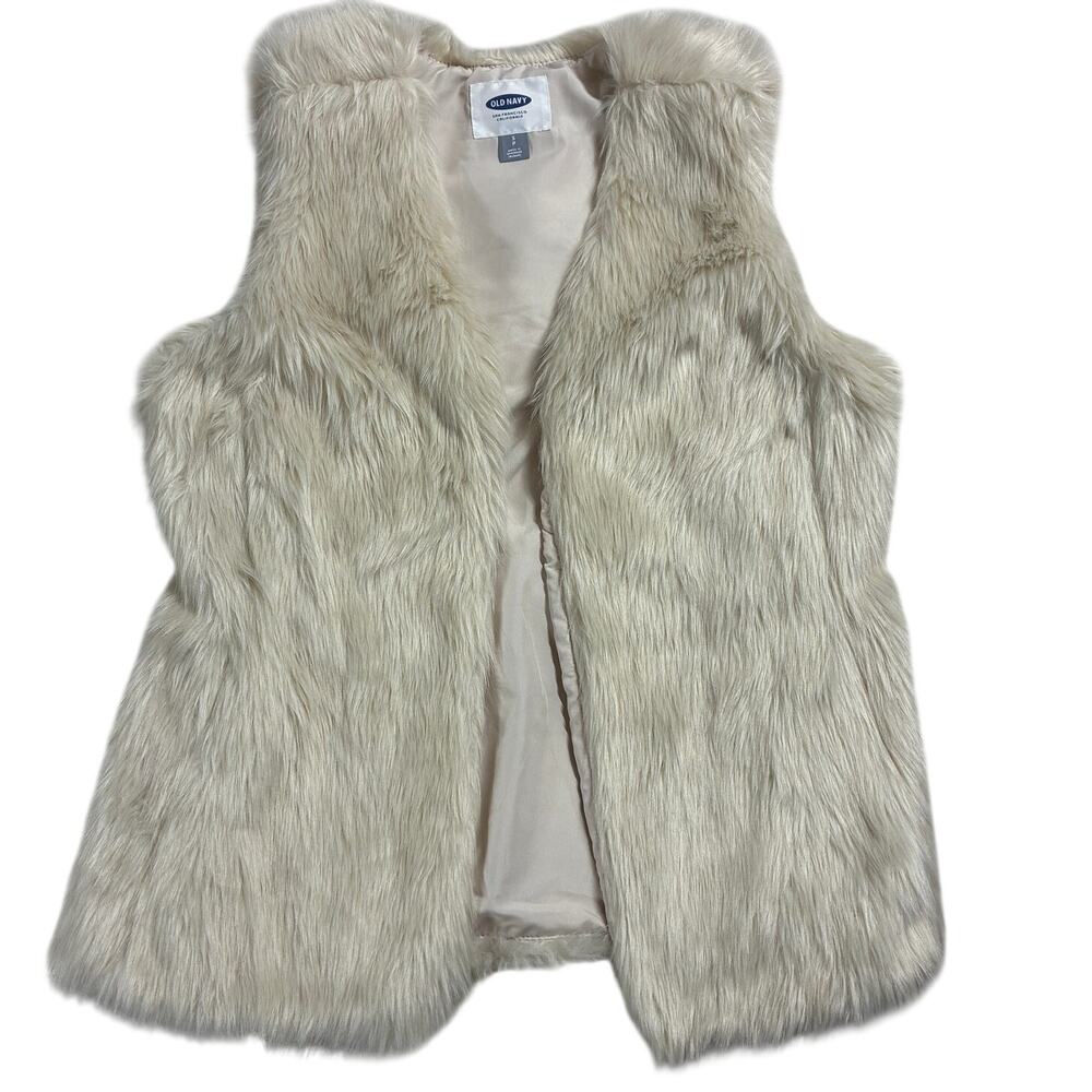 Old Navy Furry Vest Womens Small Cream Sleeveless Faux Fur Open Front Acrylic